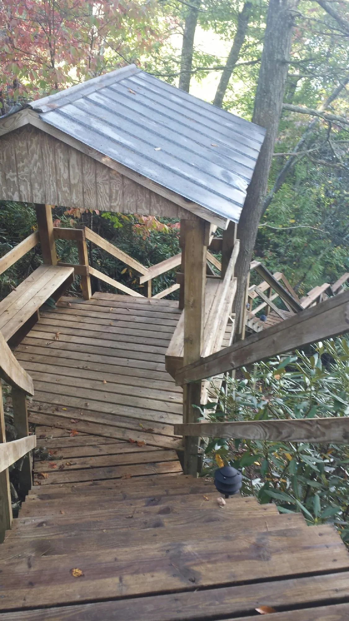Metal roofed shelter over wooden steps on a wooded walkway — Skylight Repair & Installation work by our crew in Manilla